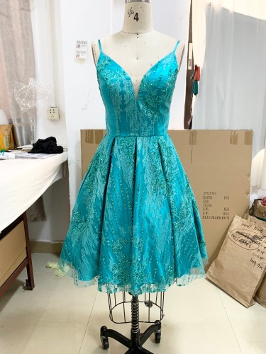 Turquoise sleeveless V neck back 2023 new sparkle fabric A line princess short prom birthday party dresses