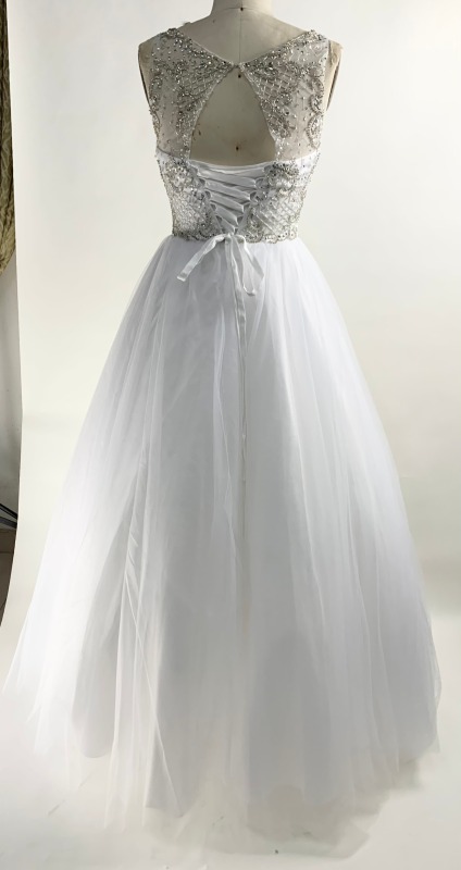 Sleeveless A Line Full Beaded Lace Up Back White Prom Dress