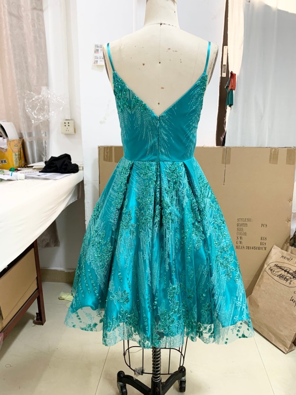 Turquoise sleeveless V neck back 2023 new sparkle fabric A line princess short prom birthday party dresses