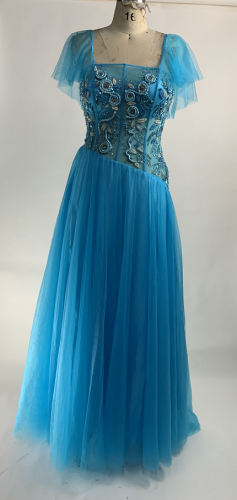 Full Beaded A Line Tulle Short Sleeve Prom Dress