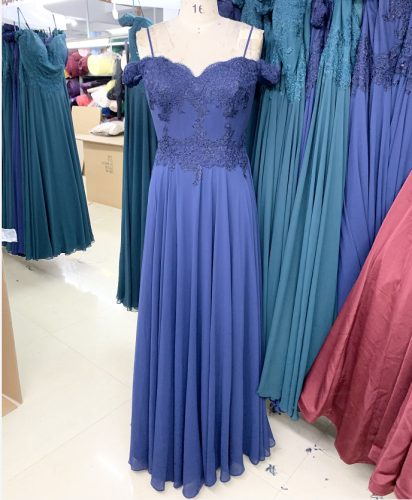 Teal off shoulder embroidered A line prom knitted lining dress with chiffon skirt