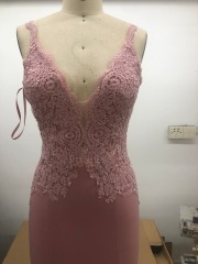 Sleeveless Deep V Neck Embroidery Pink Sexy Corset Prom Dress