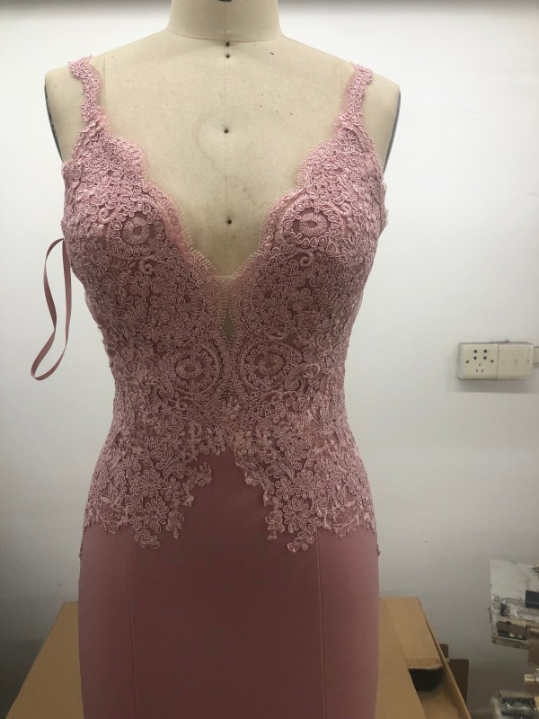 Sleeveless Deep V Neck Embroidery Pink Sexy Corset Prom Dress