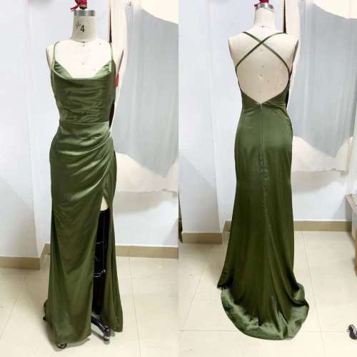 Sleeveless Solid Color Hight Slit Green Sexy Open Back Prom Dress