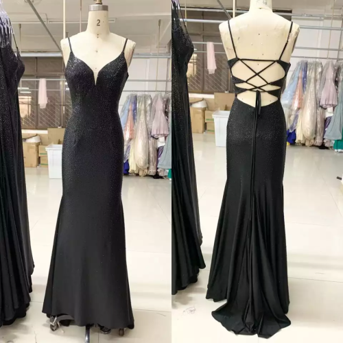 Floor Length Lace Up Back Sexy Evening Gown Party Slim Fit Evening Dress