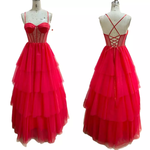 Sexy Lace Up Back Ruffle A Line Corset Fitted Elegant Luxury Sweetheart Prom Dress