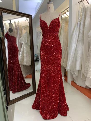 Sexy Sequin Velvet Deep V Neck Special Back Prom Dress