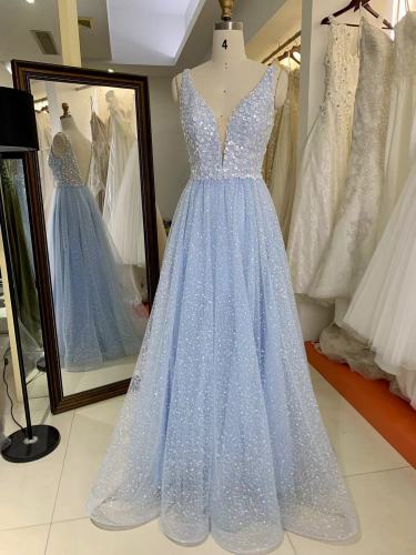 Beaded Straps Deep V Neck Shine Bodice Lace Up Back Blue Ball Gown Prom Dress