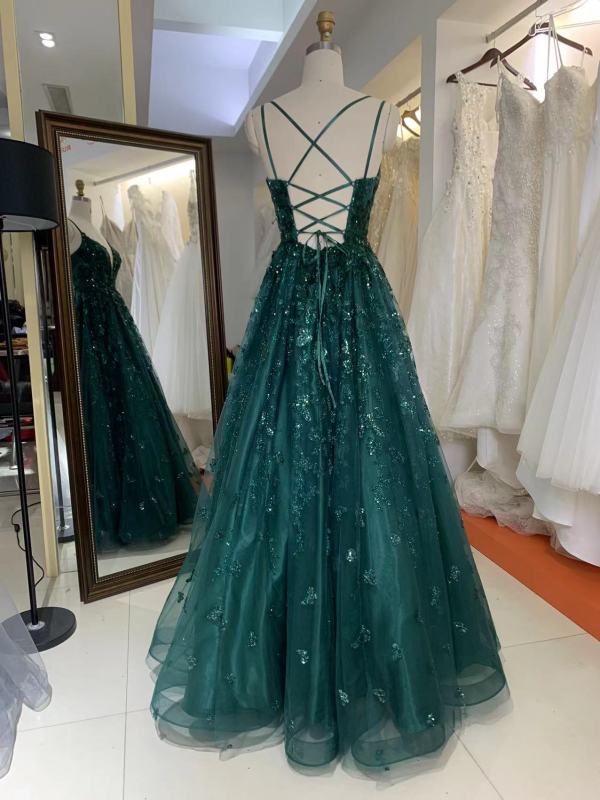 Sexy Lace Up Back A Line Skirt Deep V Neck Sparkle Party Gowns Teenagers Prom Dress