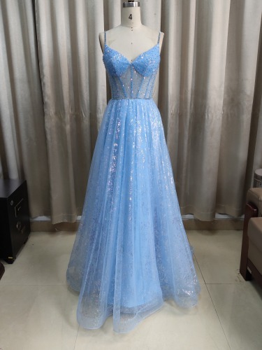 Deep V Neck Sequin Bodice A Line Skirt Simple Sexy Open Back Gown Evening Party Prom Dresses 2023