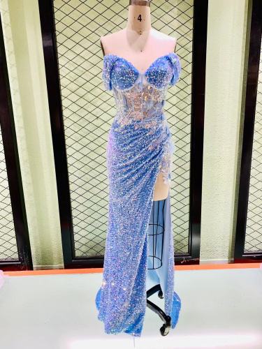 Off The Shoulder Sequin Velvet Boning Bodice Sexy Back Prom Dress