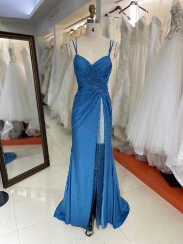 Spaghetti Strap High Slit Satin Gown Elegant Formal Evening Dress