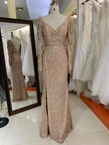 Long Sleeve Fitted Bodice Party Elegant Gown Sequin Evening Dress