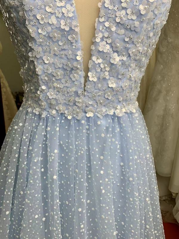 Beaded Straps Deep V Neck Shine Bodice Lace Up Back Blue Ball Gown Prom Dress