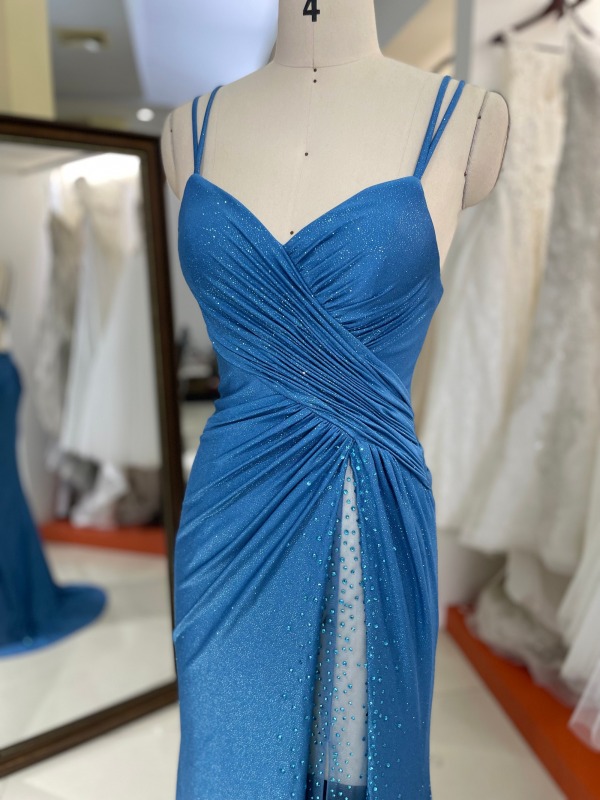 Spaghetti Strap High Slit Satin Gown Elegant Formal Evening Dress