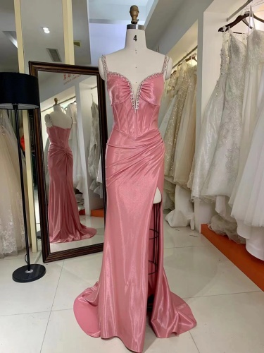 Beaded Straps Deep V Neck Sexy Slit At Skirt Corset Bodice Shine Satin Evening Dress