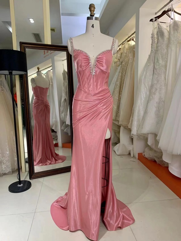 Beaded Straps Deep V Neck Sexy Slit At Skirt Corset Bodice Shine Satin Evening Dress