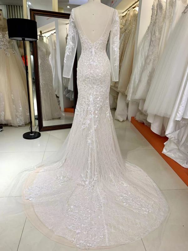 White on nude Long Sleeve see-through back embroidery mermaid fitted evening wedding dress
