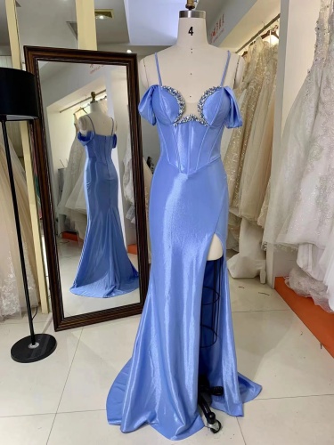 Cutting Beading Sweetheart Fitted Corset Bodice Boning Off The Shoulder Shiny Fabric Floor Length Evening Dress