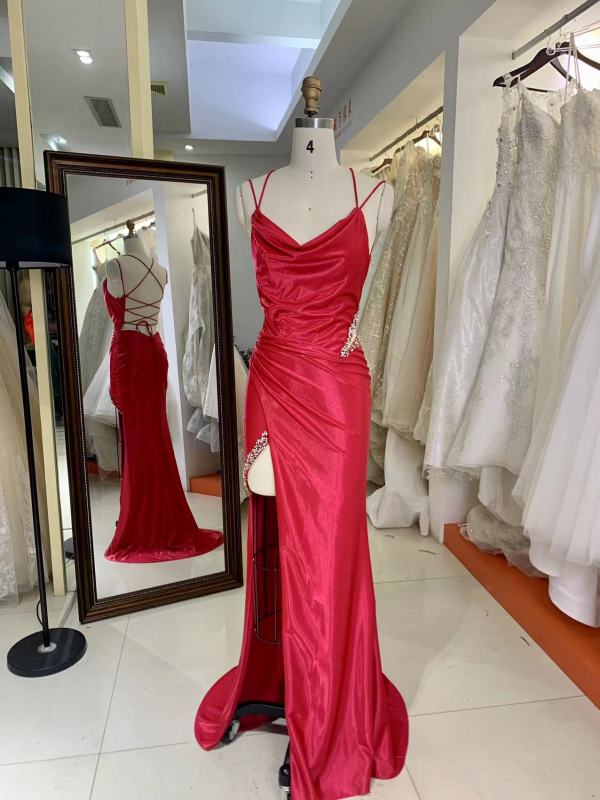 Square Neckline In Ruffle Sexy Simple High Fashion High Slit Lace Up Back Evening Dress