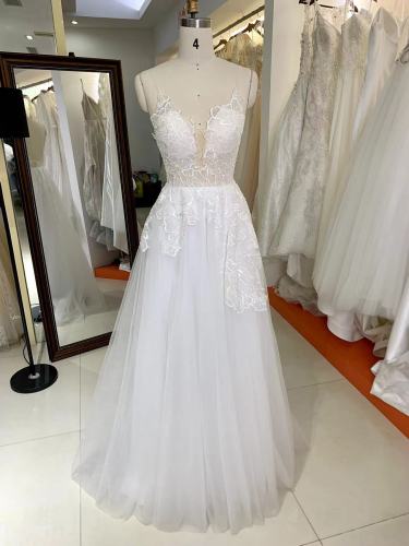 Spaghetti Strap Deep V Neck A Line Tulle Skirt Sexy Back Wedding Dress