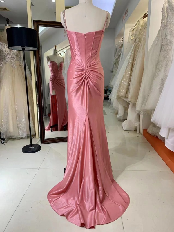 Beaded Straps Deep V Neck Sexy Slit At Skirt Corset Bodice Shine Satin Evening Dress