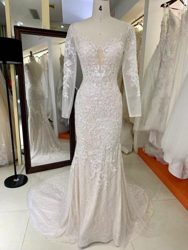 White on nude Long Sleeve see-through back embroidery mermaid fitted evening wedding dress