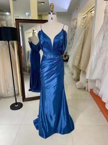 Spaghetti Straps Deep V Neckline Special Rhinestone Back Satin Floor Length Evening Dress