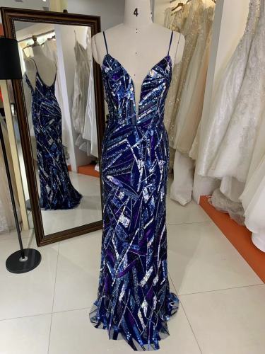 Floor Length Mermaid Sequin Sexy Back Sleeveless Deep V Neck Prom Dress