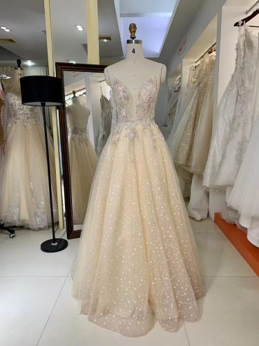 Spaghetti Straps Deep V Neckline Colorful Embroidery At Bodice A Line Sparkle Tulle Skirt Prom Dress