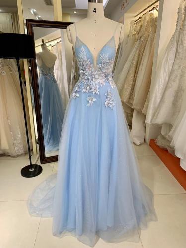 Sleeveless Spaghetti Strap Deep V Neck Special Bodice Colorful Embroidery At Waist Prom Dress