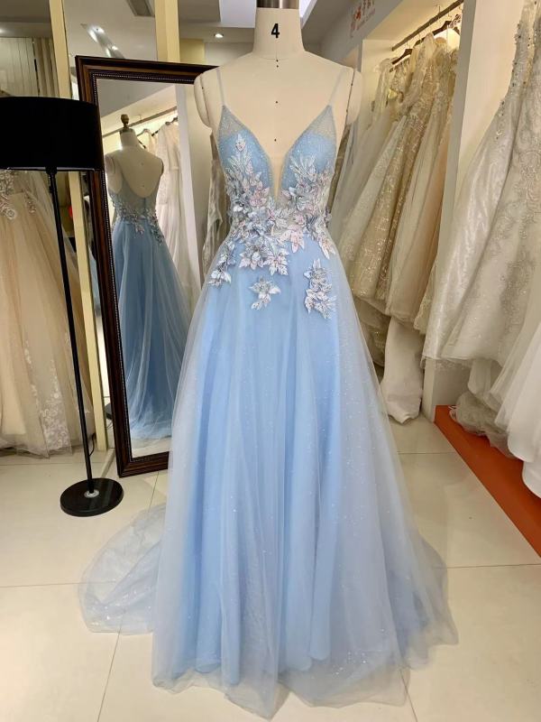 Sleeveless Spaghetti Strap Deep V Neck Special Bodice Colorful Embroidery At Waist Prom Dress