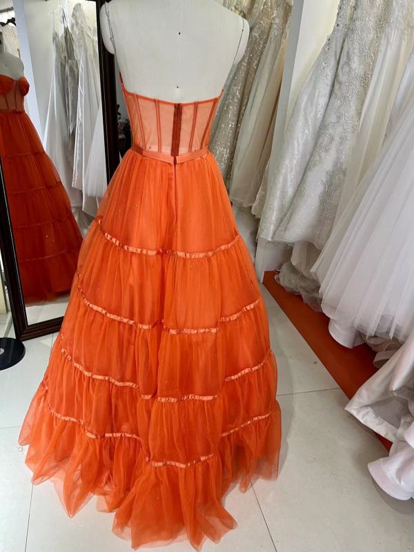Orange hot pink royal blue sweetheart sleeveless corset see through prom tulle ball gown