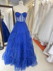 Orange hot pink royal blue sweetheart sleeveless corset see through prom tulle ball gown