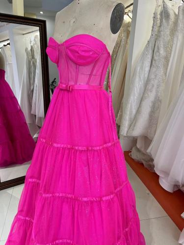 Orange hot pink royal blue sweetheart sleeveless corset see through prom tulle ball gown