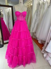 Orange hot pink royal blue sweetheart sleeveless corset see through prom tulle ball gown