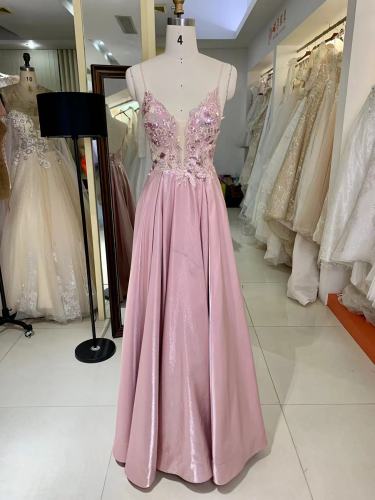 Deep V Neck Sexy Embroidery Bodice A Line Skirt Sexy Open Back Prom Dress