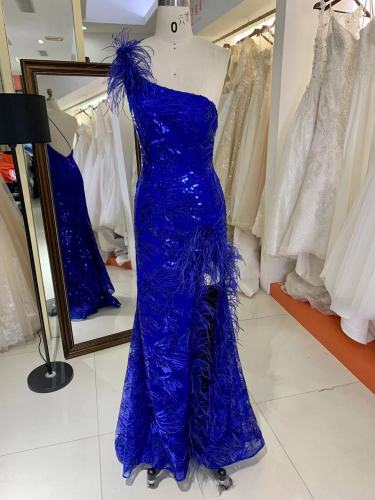 Sexy High Slit Fitted Mermaid Sleeveless Sequin One Shoulder Prom Dress