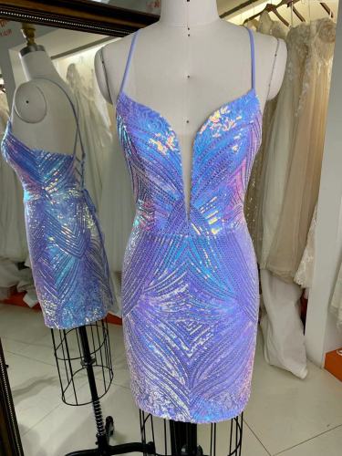 Knee Length Spaghetti Straps Lace Up Back Sleeveless Homecoming Dress