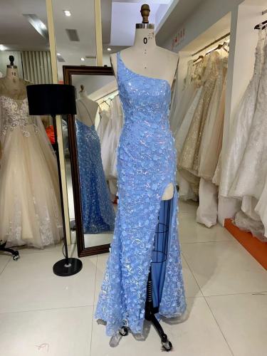 One Shoulder Sexy Leg Slit Open Back Mermaid Floor Length Lace Prom Dress