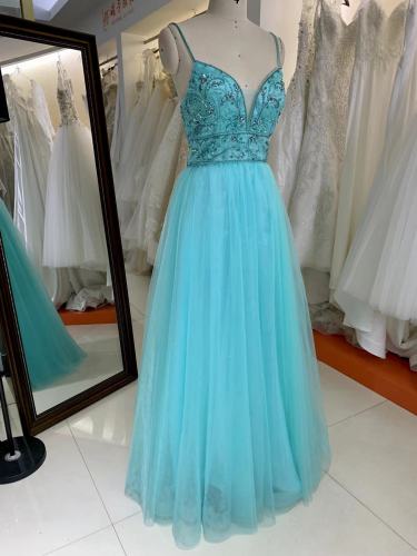 Full Beaded By Hand Made Beaded Straps A Line Tulle Skirt Lace Up Back Evening Dress