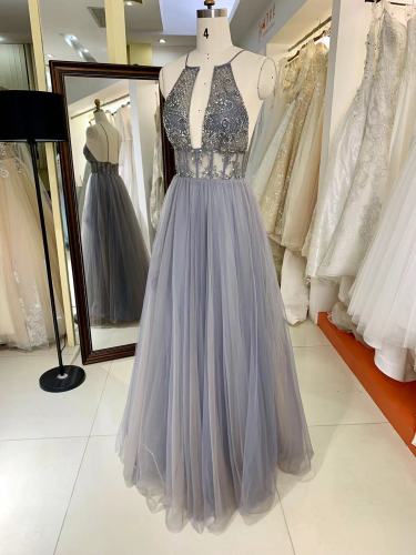 Full Beaded By Hand Made At Bodice A Line Tulle Skirt Sexy Back Prom Dress