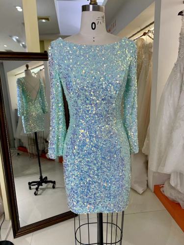 Long Sleeve Sequin Velvet Sexy Special Back Knee Length Evening Dress