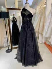Burgundy black 2023 New 3D embroidery sleeveless one shoulder A line Tulle prom dresses