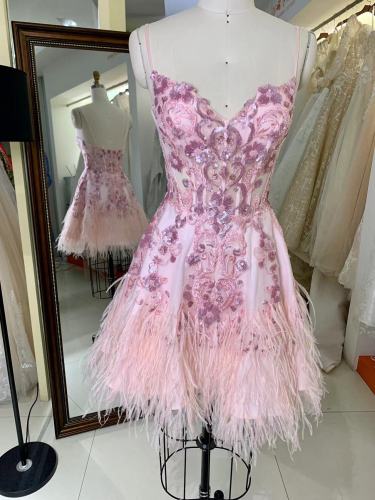 Knee Length Bottom Feather Sequin Fitted Corset Short Homecoming Dress