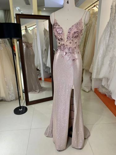 Sexy High Slit Nice Embroidery Deep V Neck Sexy Open Back Mermaid Prom Dresss with slit