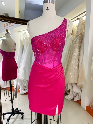 Hot pink one shoulder beading open back pleated satin fitted homecoming short dress for girls