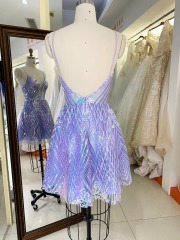 Lilac purple sequin sleeveless A line puffy short prom homecoming graduation dresses for girls