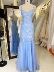 Light blue 2023 New 3D lace embroidery sleeveless mermaid fitted lace up back prom dresses