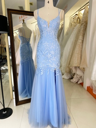 Light blue New 3D lace embroidery sleeveless mermaid fitted lace up back prom dresses